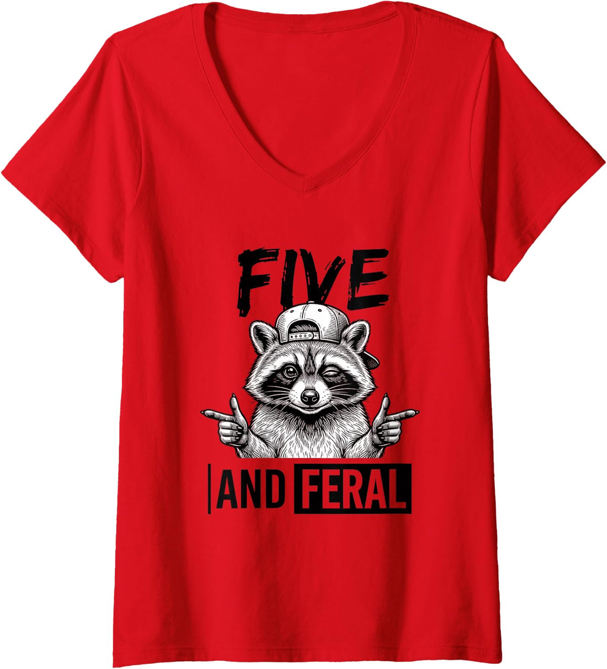 Women's Five and Feral Raccoon 5TH Birthday 5 Year Old Kids V-Neck T-Shirt - Red
