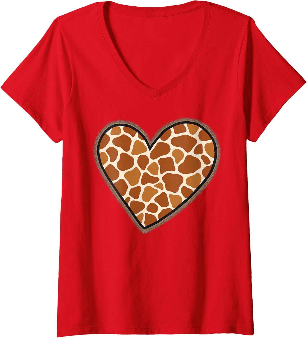 Women's Giraffe Print Heart Animal Art V-Neck T-Shirt - Red