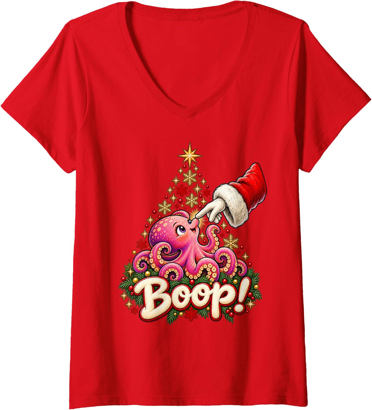 Women's Boop! Adorable Octopus Christmas Nose Boop V-Neck T-Shirt - Red