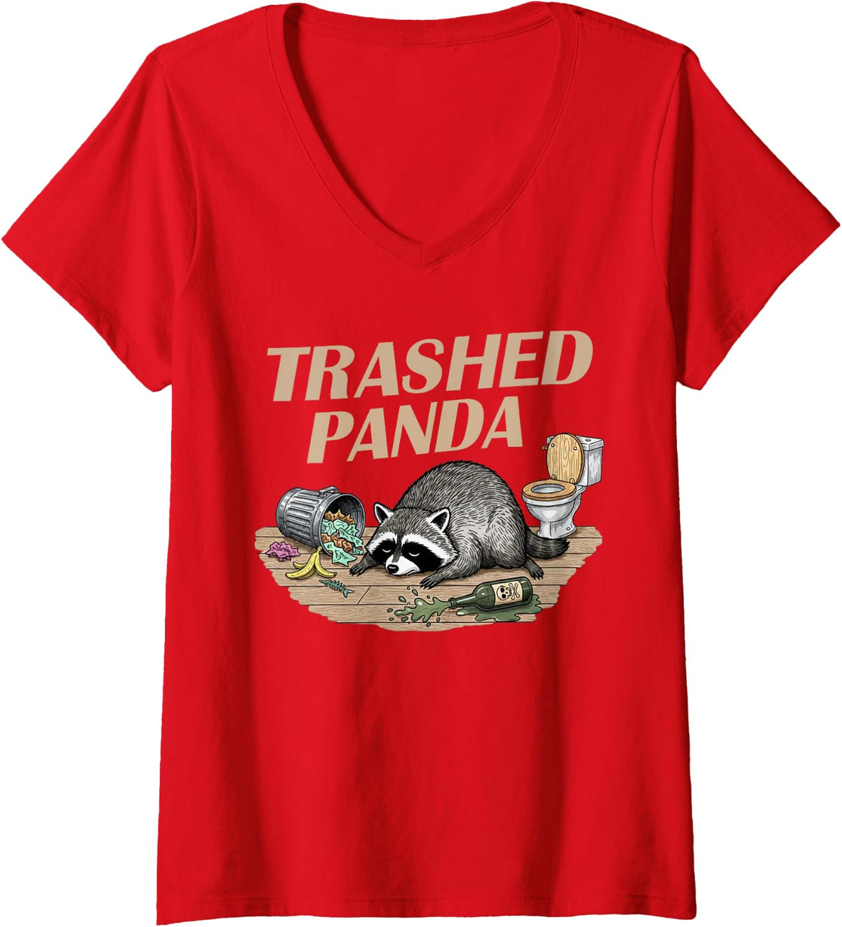 Women's Funny Trashed Panda Racoon Gets Drunk Racoon Meme V-Neck T-Shirt - Red