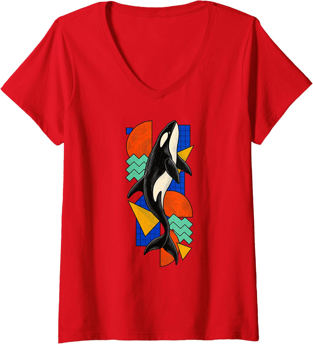 Women's Orca Retro Geometric Creature V-Neck T-Shirt - Red