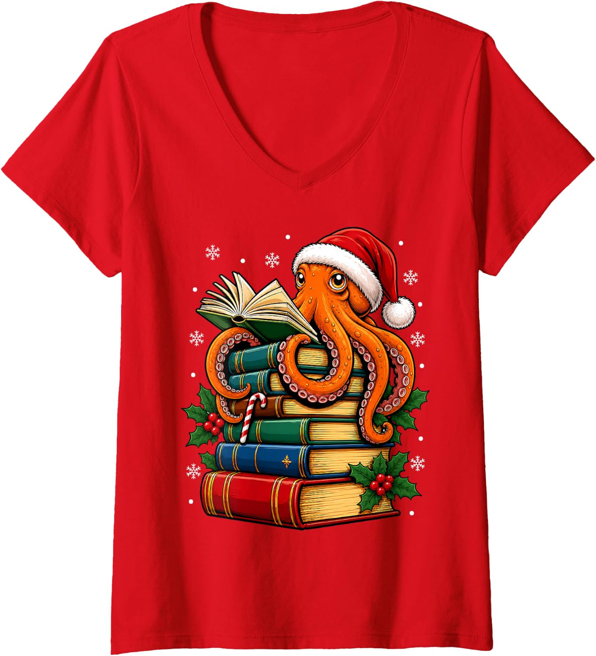 Women's Festive Octopus Christmas Books V-Neck T-Shirt - Red