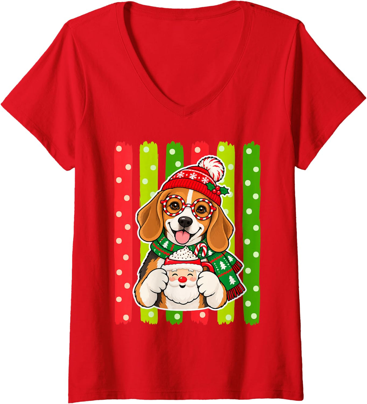 Women's Christmas Beagle with Cocoa and Santa Hat V-Neck T-Shirt - Red