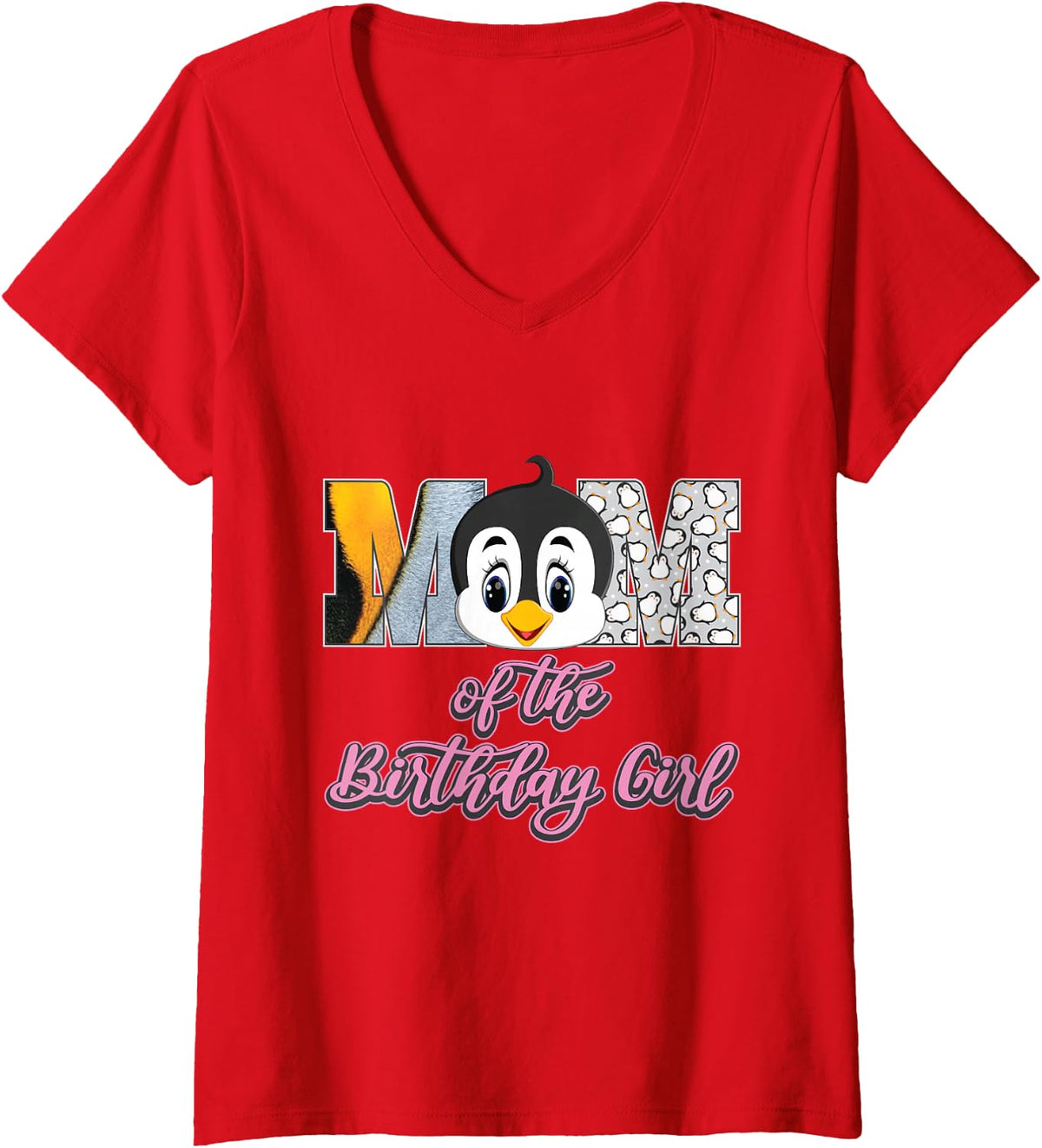 Women's Funny Mom of the Birthday for Girl Penguin Lover Mommy V-Neck T-Shirt - Red