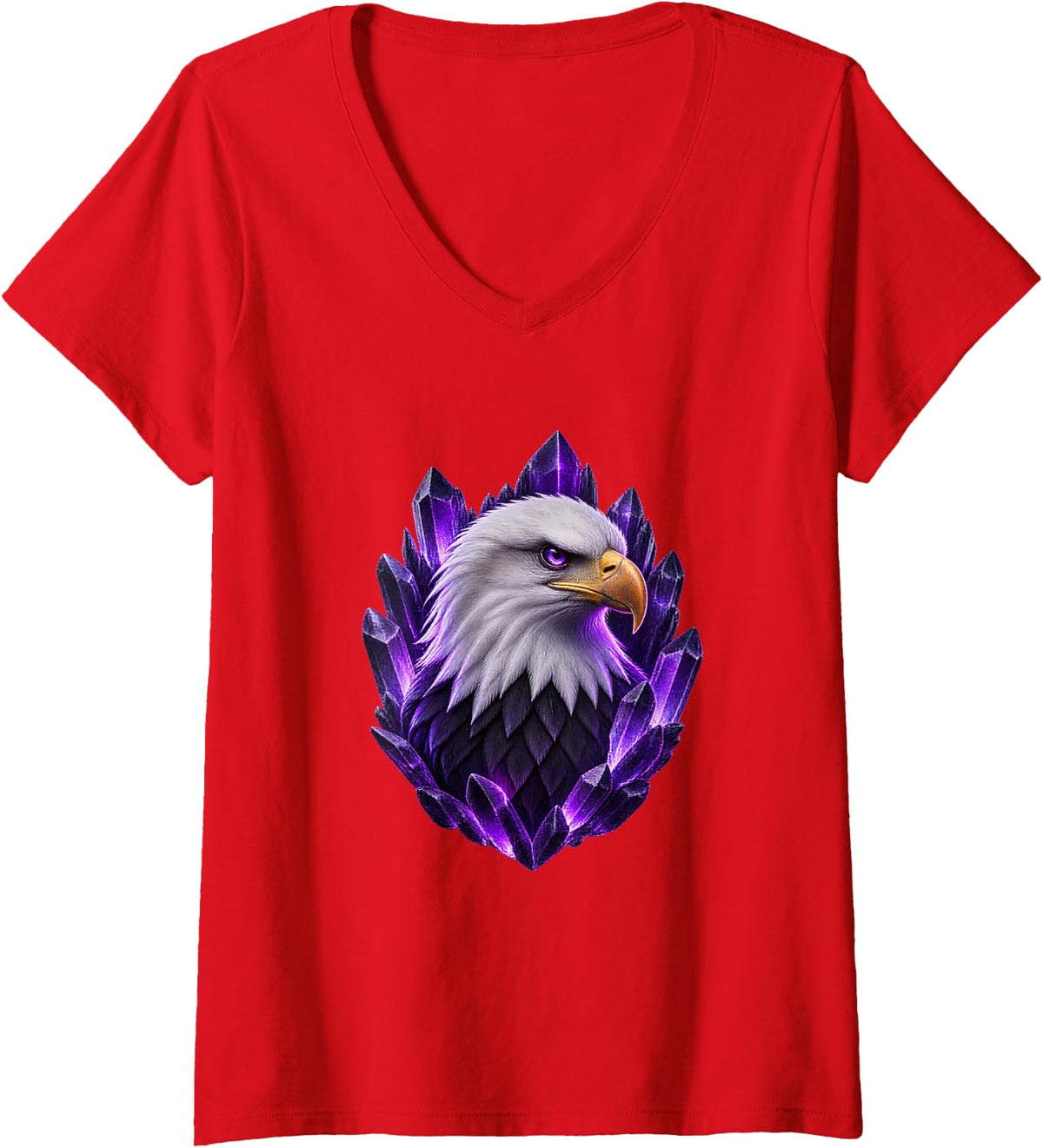 Women's Bald Eagle with Violet Crystal Pillars V-Neck T-Shirt - Red
