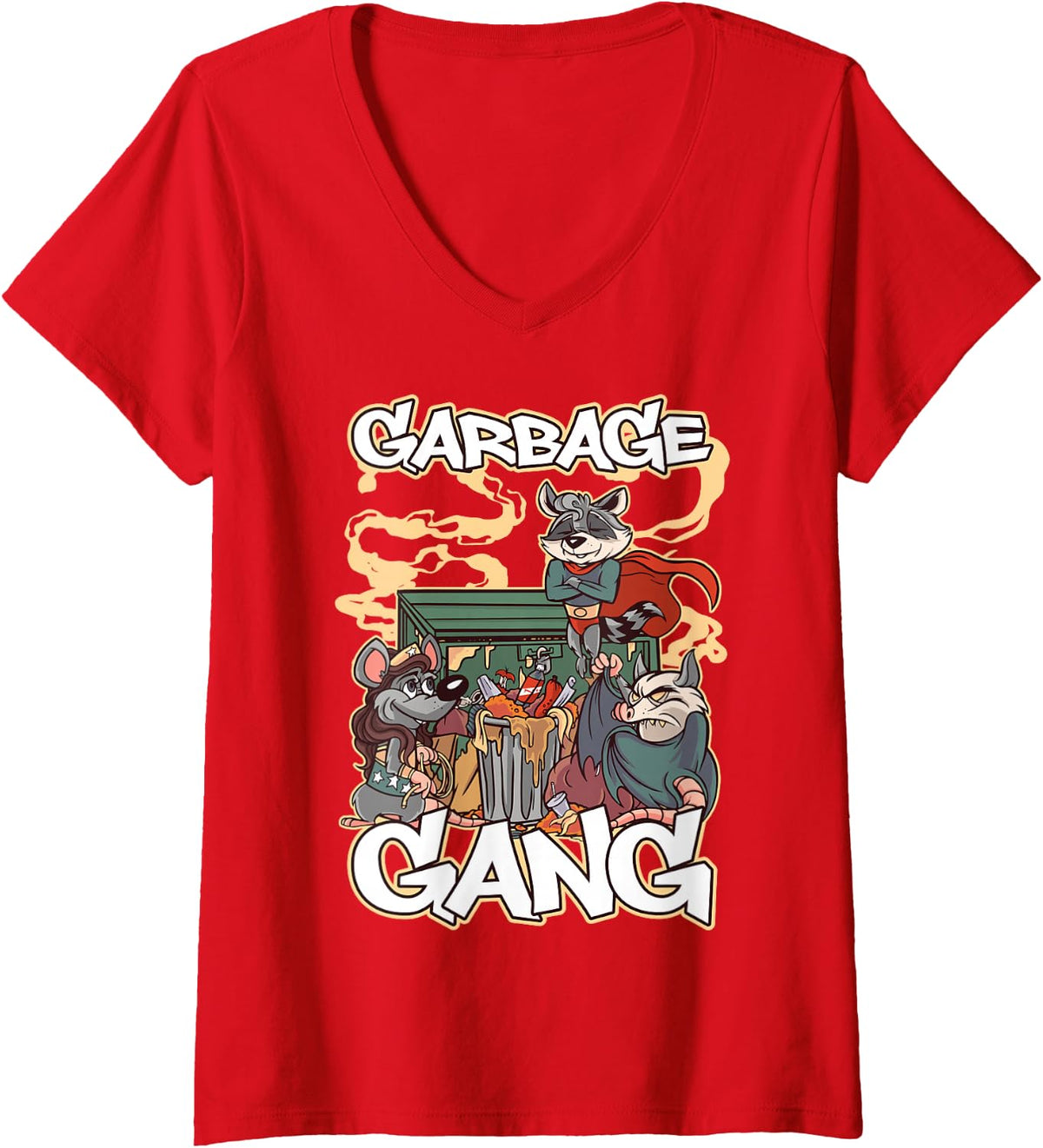 Women's Raccoon Garbage Band V-Neck T-Shirt - Red