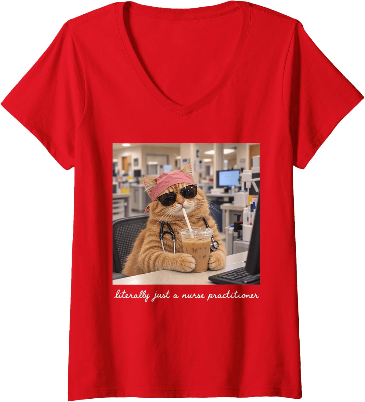 Women's Literally Just a Nurse Practitioner Sleepy Cat Coffee V-Neck T-Shirt - Red
