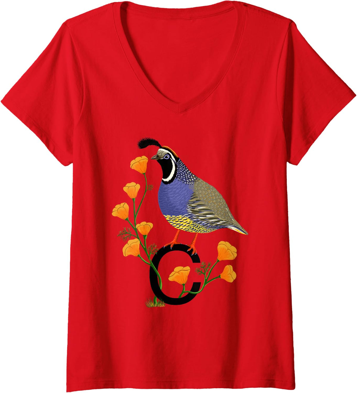 Womens California Quail State Bird Californian Poppy Flowers V-Neck T-Shirt - Red
