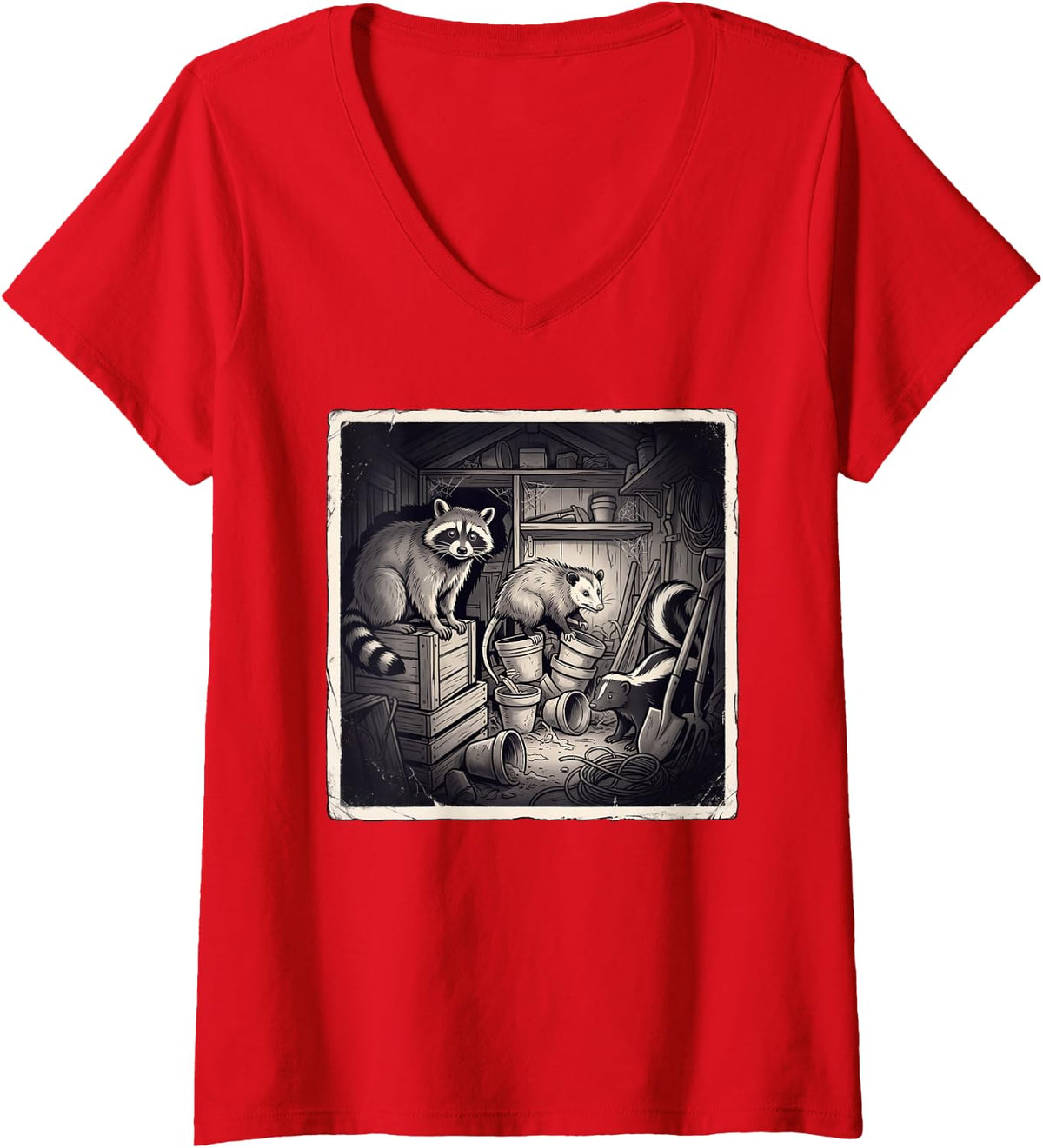 Women's Funny Raccoon Opossum Skunk Distressed Shed Scavengers V-Neck T-Shirt - Red