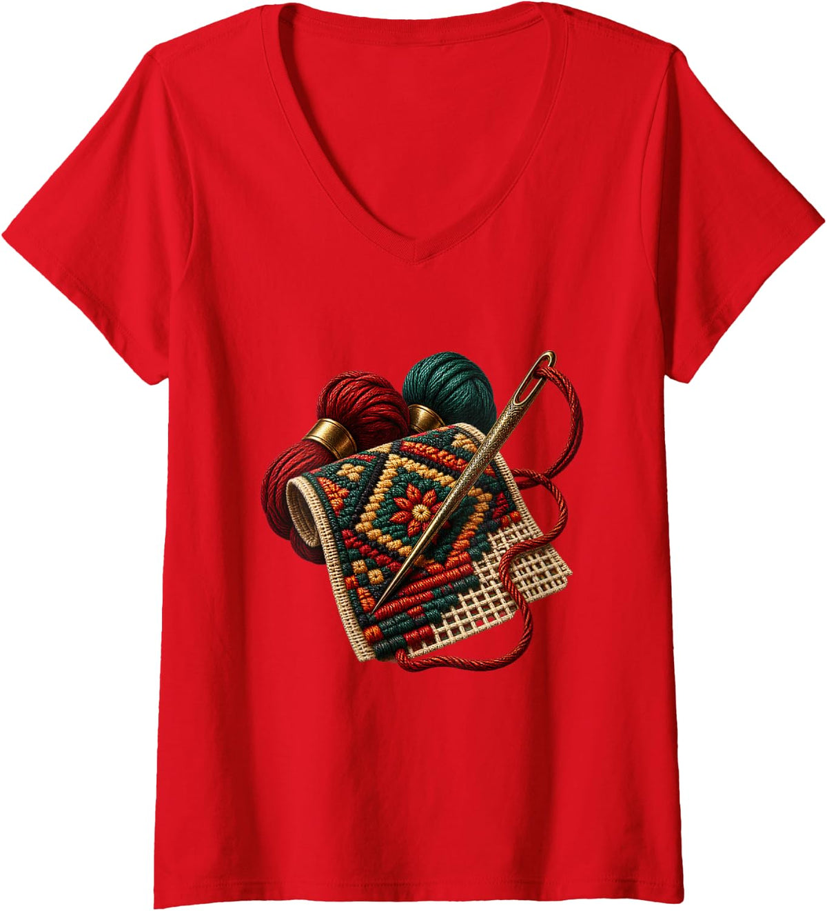 Women's Vibrant Ornate Embroidery Sampler with Scissors and Thread V-Neck T-Shirt - Red
