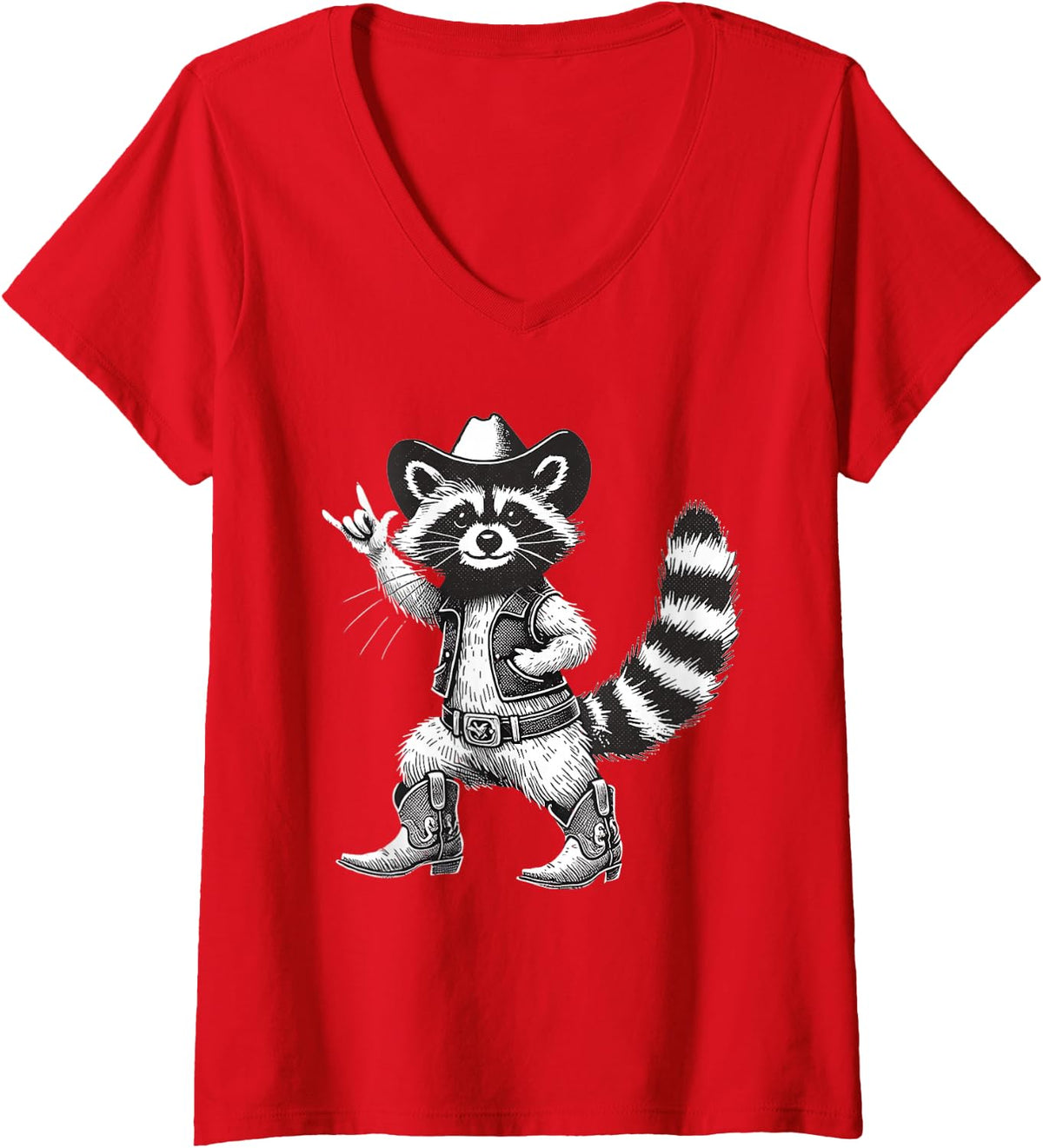 Women's Vintage Raccoon Cowboy Cowgirl Trash Panda Racoon Meme Lover V-Neck T-Shirt - Red