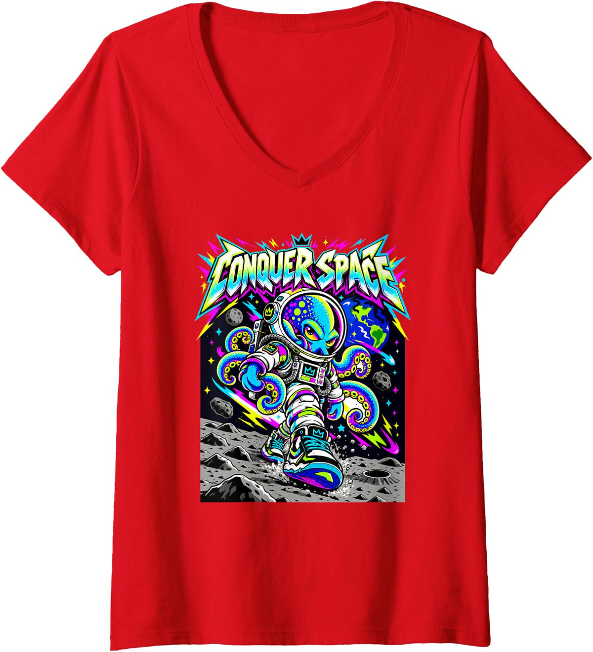 Women's Lunar Octopus Explorer Colorful Galaxy Adventure Art V-Neck T-Shirt - Red