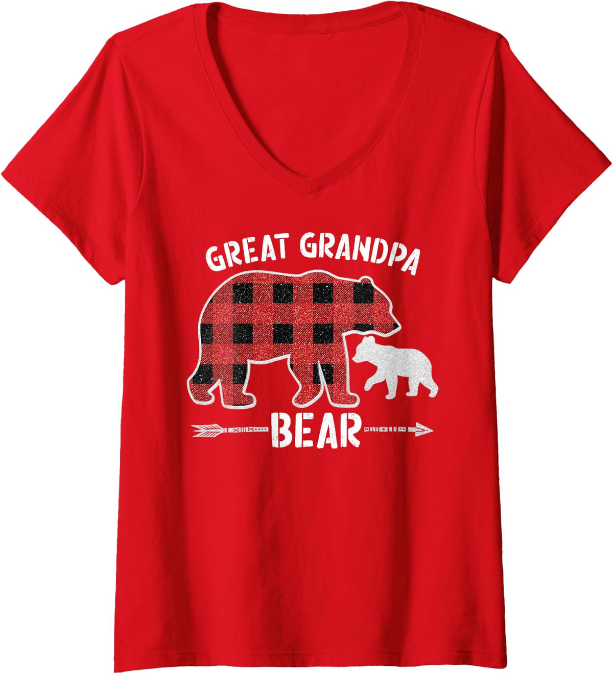 Women's Red Plaid Great Grandpa Bear Buffalo Christmas Pajama Family V-Neck T-Shirt - Red