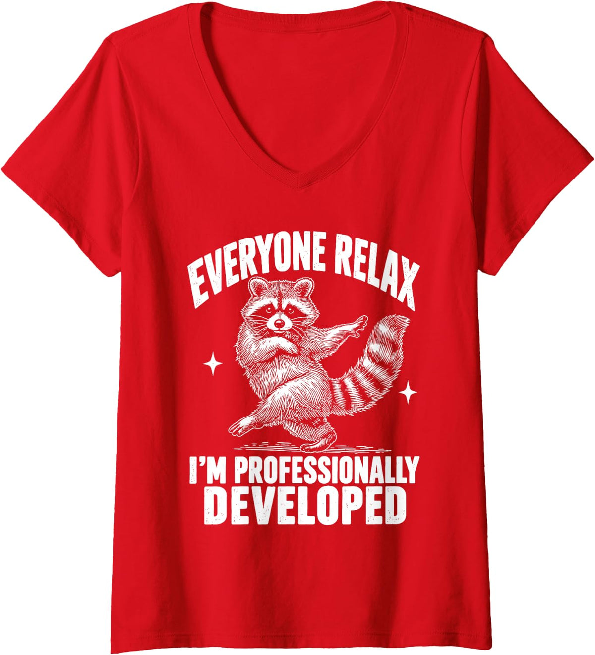 Women's Everyone Relax I'm Professionally Developed Raccoon V-Neck T-Shirt - Red