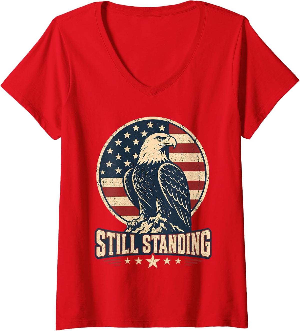 Women's American Bald Eagle Still Standing Flag Vintage V-Neck T-Shirt - Red