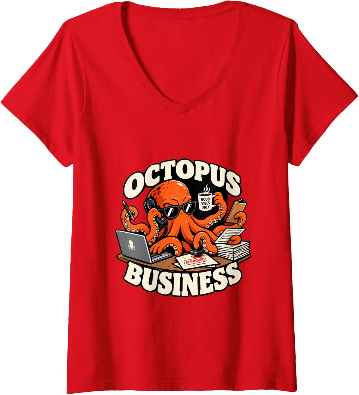 Women's Octopus Business Office Humor Funny Squid Leaving Gift V-Neck T-Shirt - Red