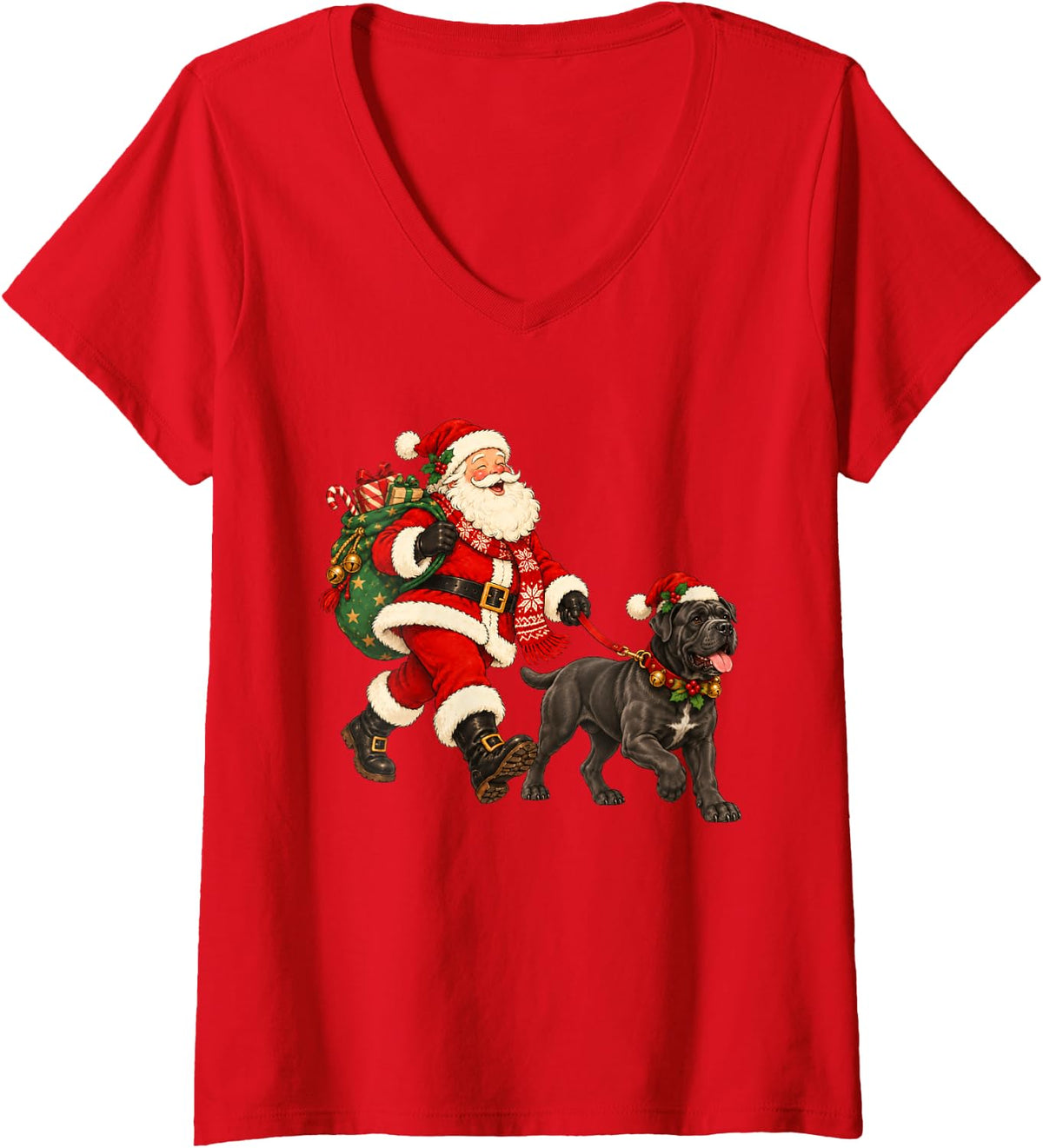 Women's Cane Corso Christmas Dog Walking with Santa Holiday Dog V-Neck T-Shirt - Red