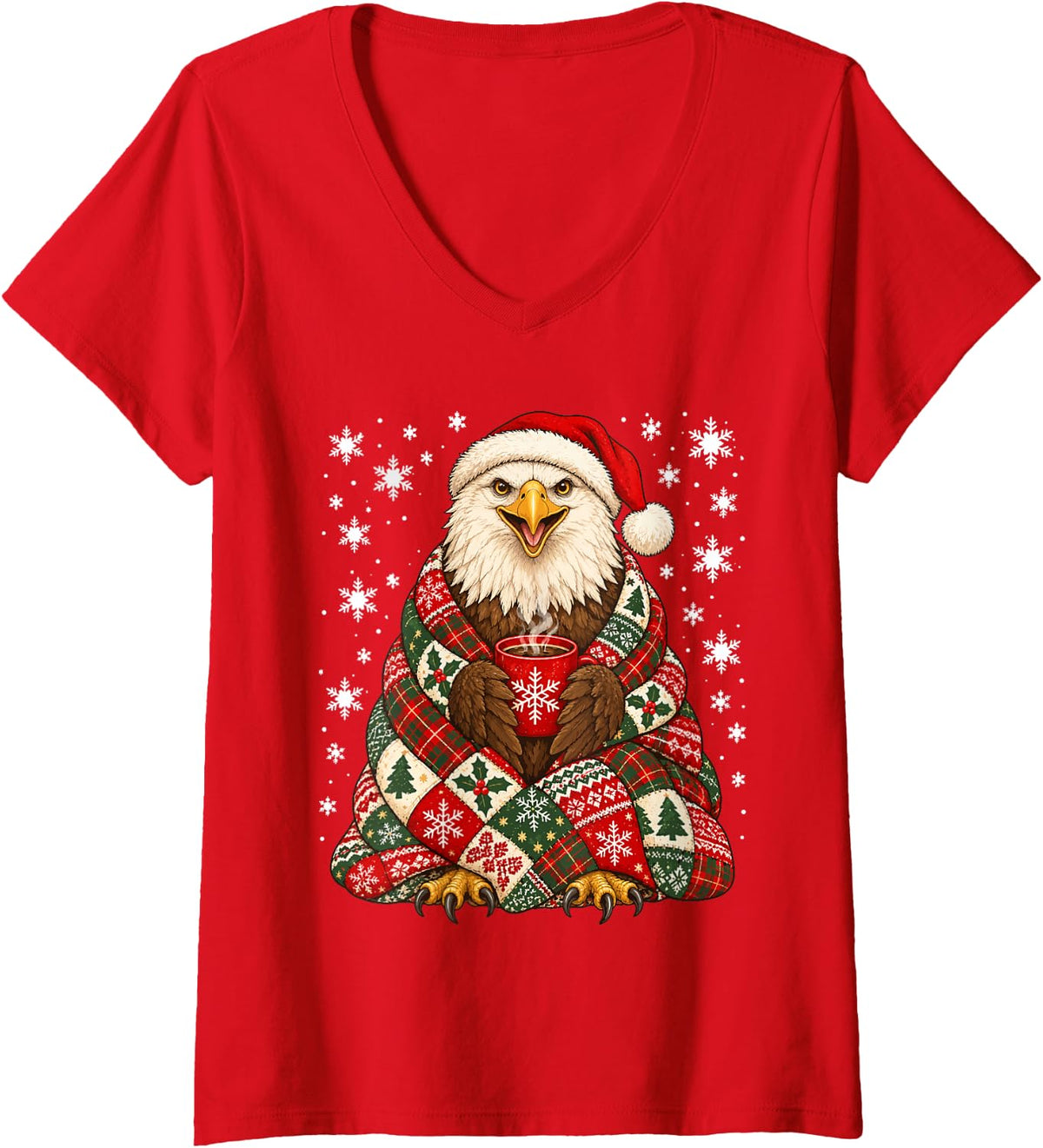 Women's Christmas Bald Eagle with Coffee Snowflakes Winter Animal V-Neck T-Shirt - Red