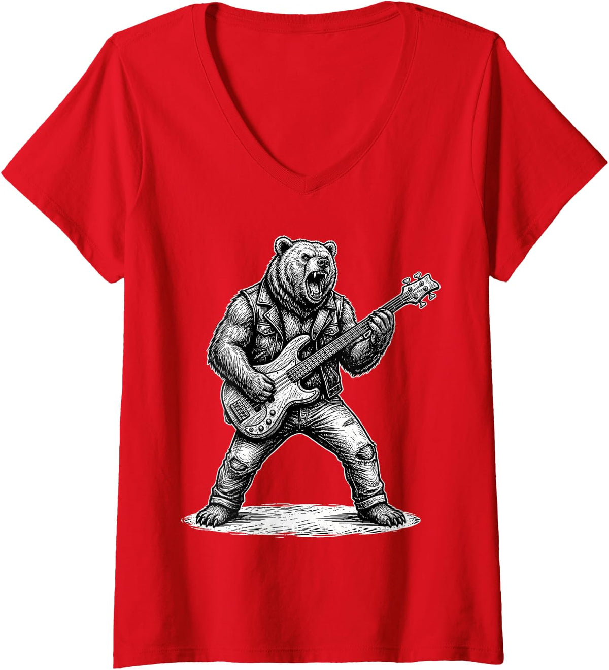 Women's Bear Bass Guitar Player Bassist Bass Guitarist Band Tee V-Neck T-Shirt - Red