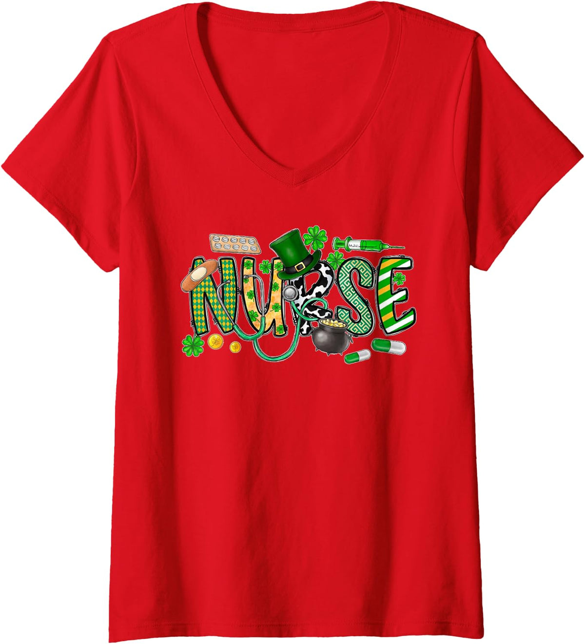 Women's Irish Nurse Stethoscope Scrub St Patricks Day Nurses Women V-Neck T-Shirt - Red