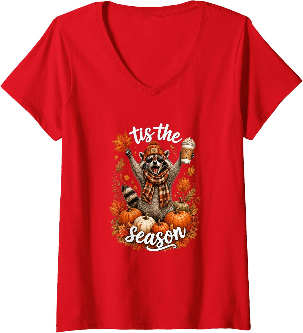 Women's Tis the Season Trash Panda Fall Raccoon Latte V-Neck T-Shirt - Red