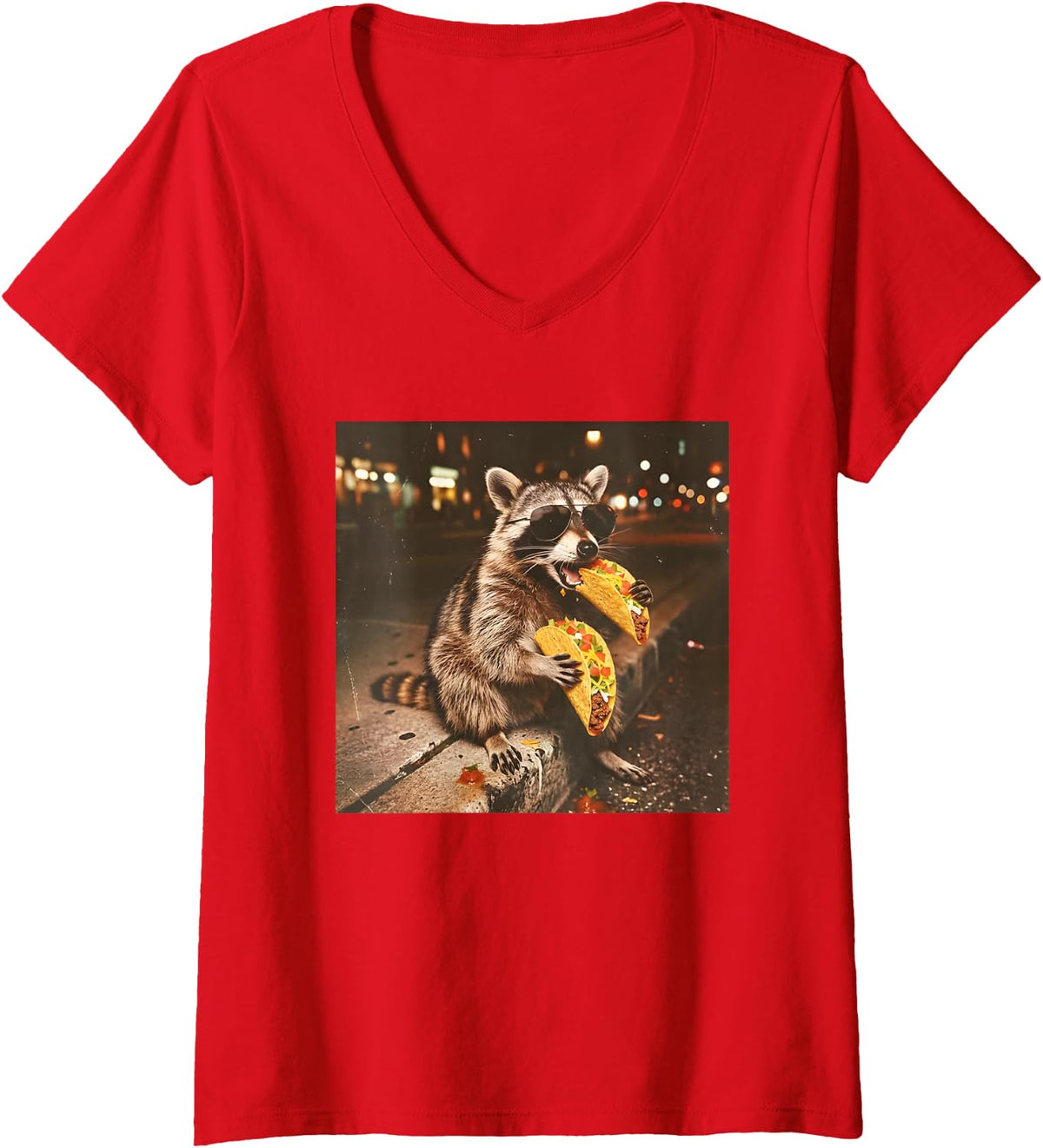 Women's Funny Raccoons Eating Taco Meme Trash Panda Food V-Neck T-Shirt - Red