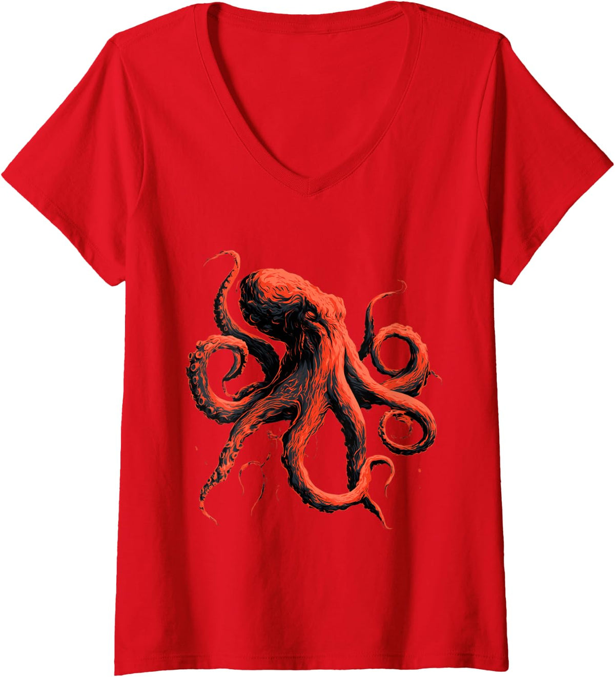 Women's Vintage Red Octopus Deep Sea Kraken Ocean Design V-Neck T-Shirt - Red
