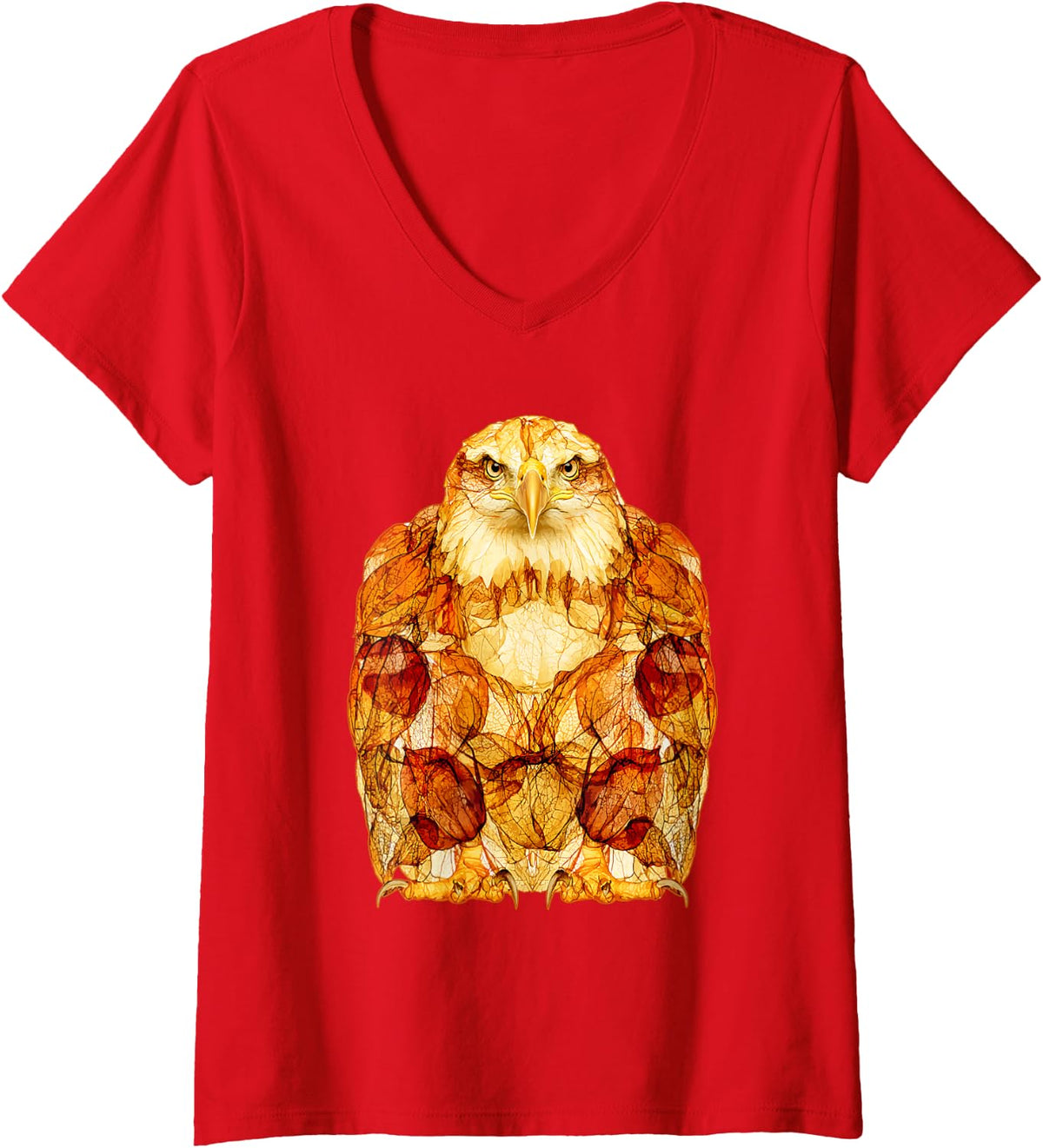 Women's Bald Eagle with Autumn Leaves Artistic Fall Bird Art V-Neck T-Shirt - Red