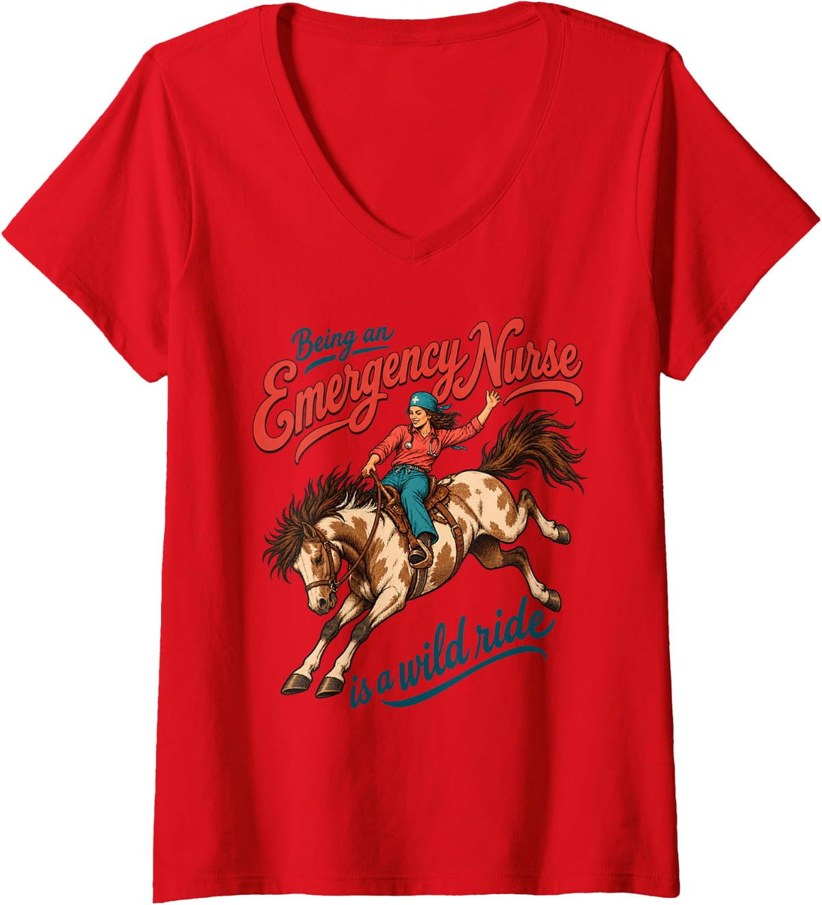 Women's Emergency Nurse Horse Rodeo Western Medical Humor Cowgirl V-Neck T-Shirt - Red