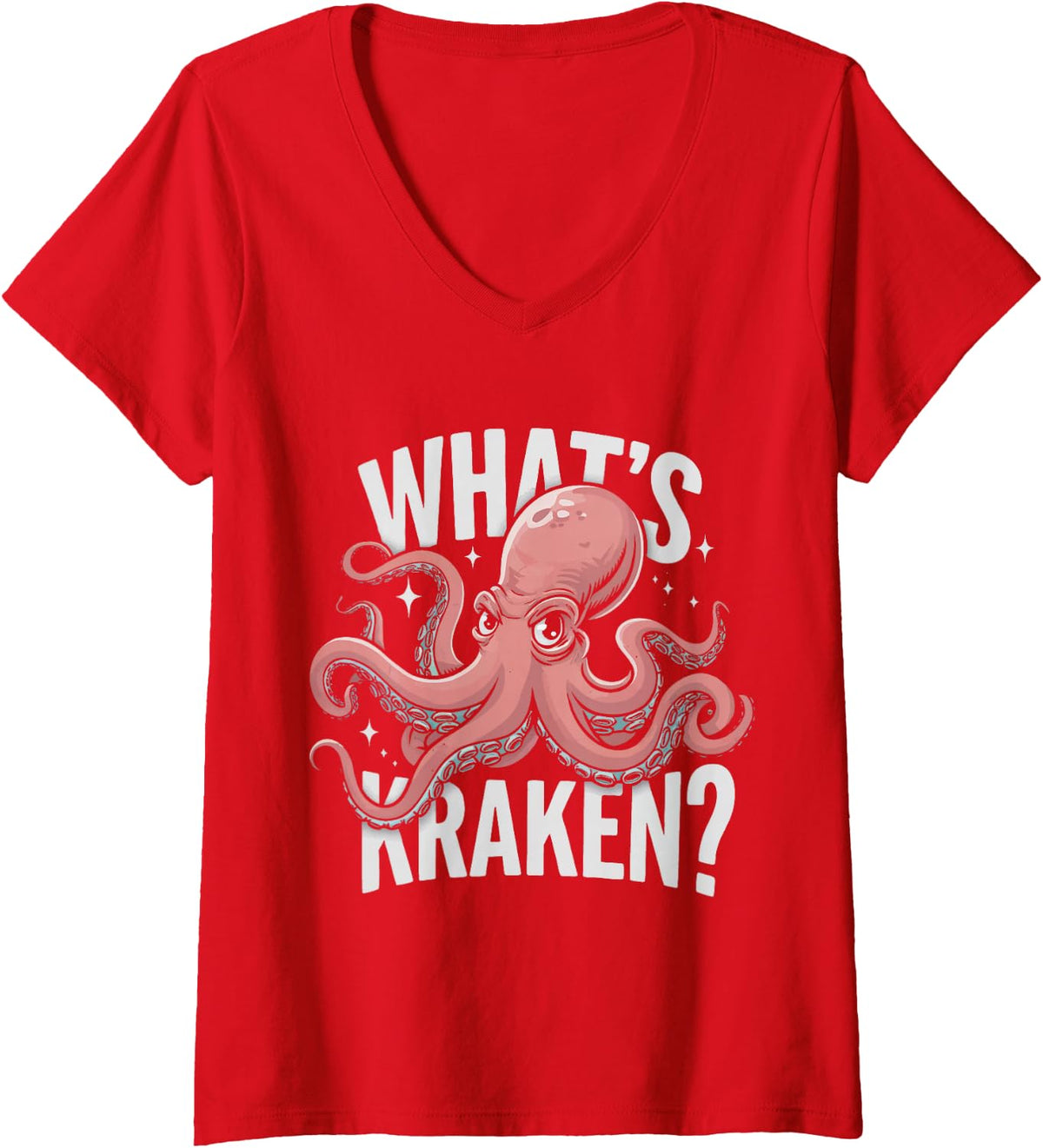 Womens Octopus What's Kraken V-Neck T-Shirt - Red