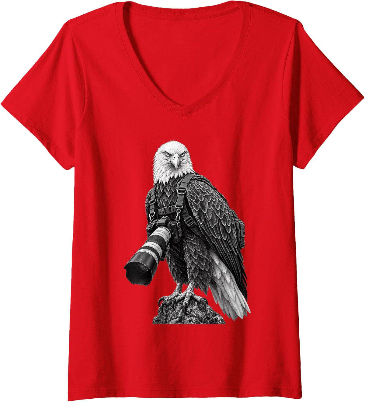 Women's Bald Eagle Photographer with Camera V-Neck T-Shirt - Red