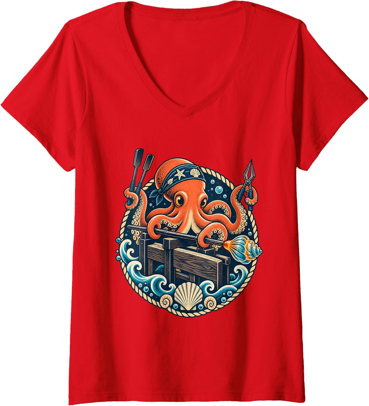 Women's Octopus Glass Blowing Hot Glass Artist V-Neck T-Shirt - Red