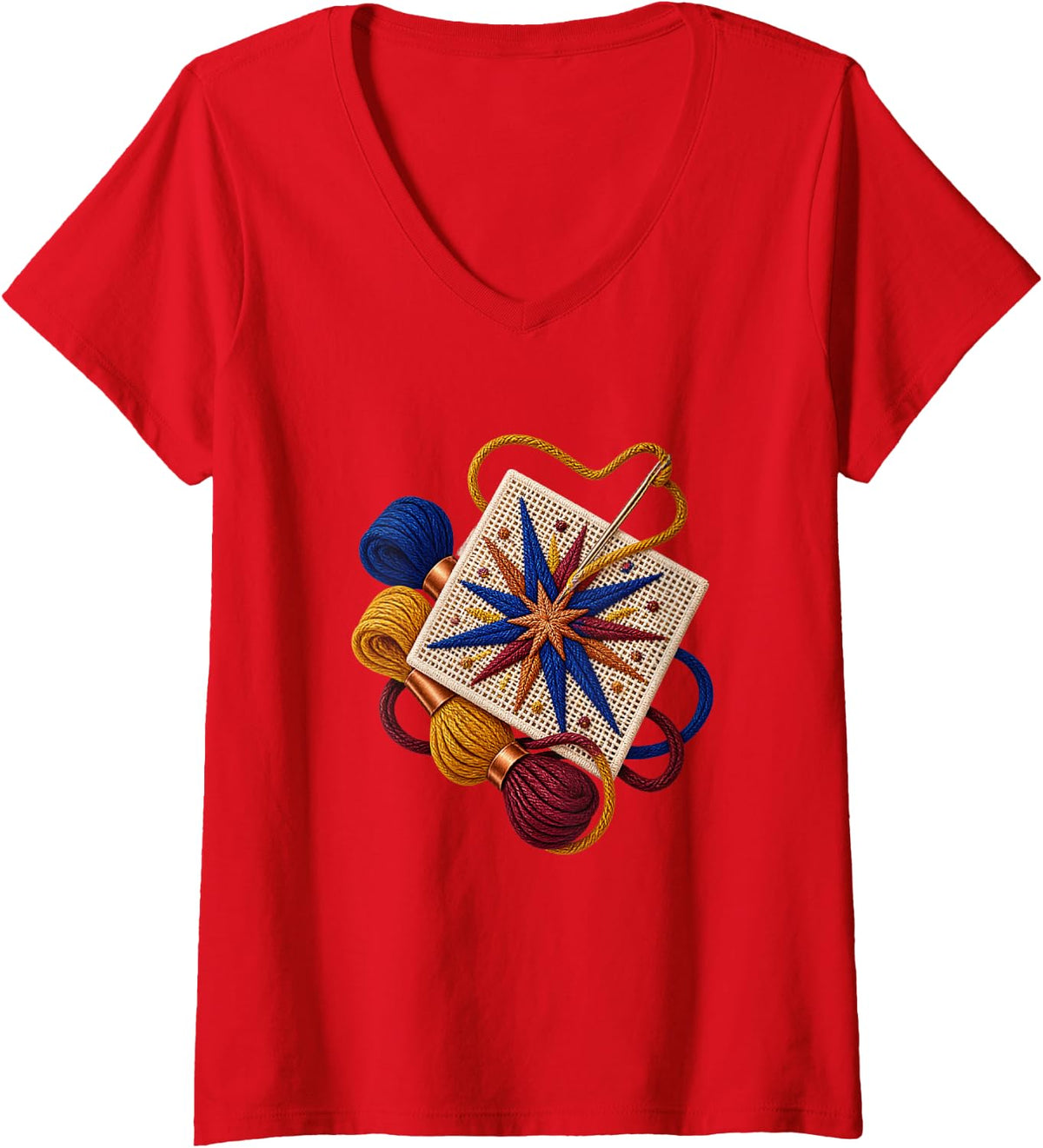 Women's Radiant Ornate Embroidery Sampler with Scissors and Thread V-Neck T-Shirt - Red