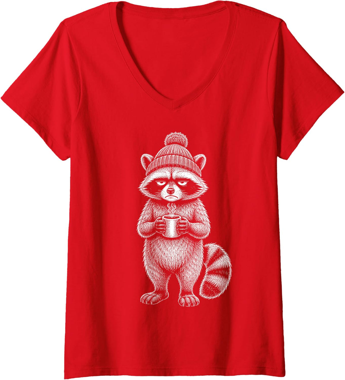 Women's Grumpy Raccoon Drinking Coffee Lover Funny Trash Panda V-Neck T-Shirt - Red