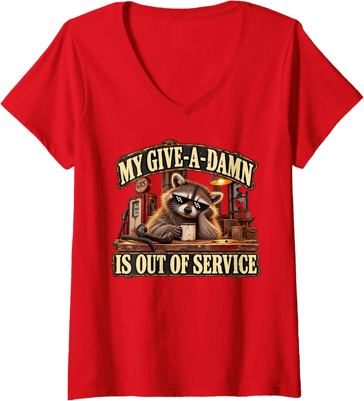Women's Out of Service, Funny Raccoon, Sarcastic Humor V-Neck T-Shirt - Red