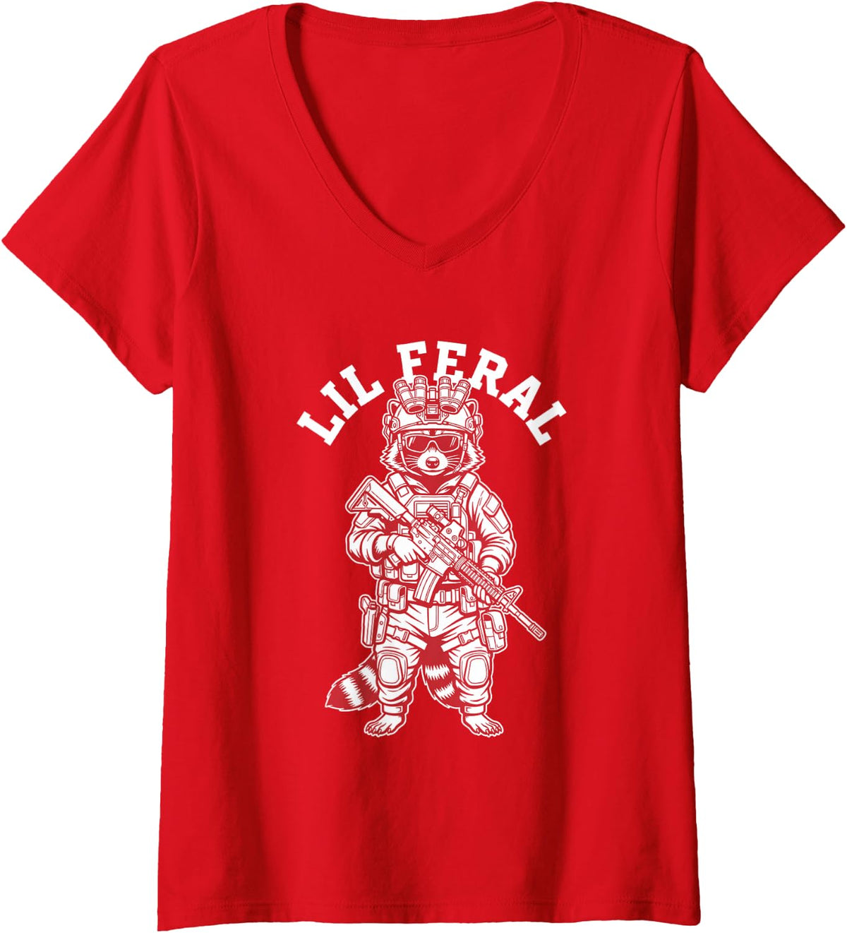 Women's Lil Feral Tactical Raccoon Military Gear V-Neck T-Shirt - Red