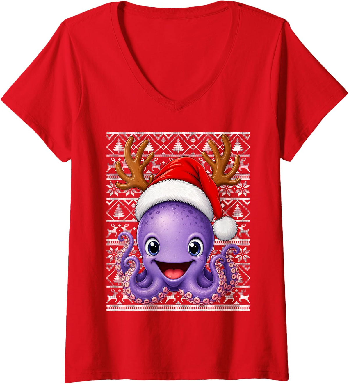 Women's Octopus Christmas Santa Hat Ugly Sweaters Octopus Xmas V-Neck T-Shirt - Red