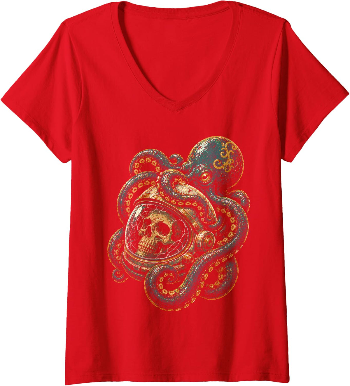 Women's Octopus Skulls Astronaut Deep Sea Space Halloween Kraken V-Neck T-Shirt - Red