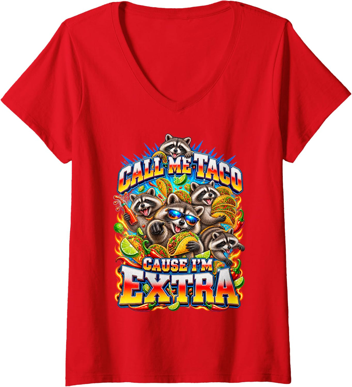 Women's Funny Raccoon Call Me Taco Cause I'm Extra Bootleg Raccoons V-Neck T-Shirt - Red