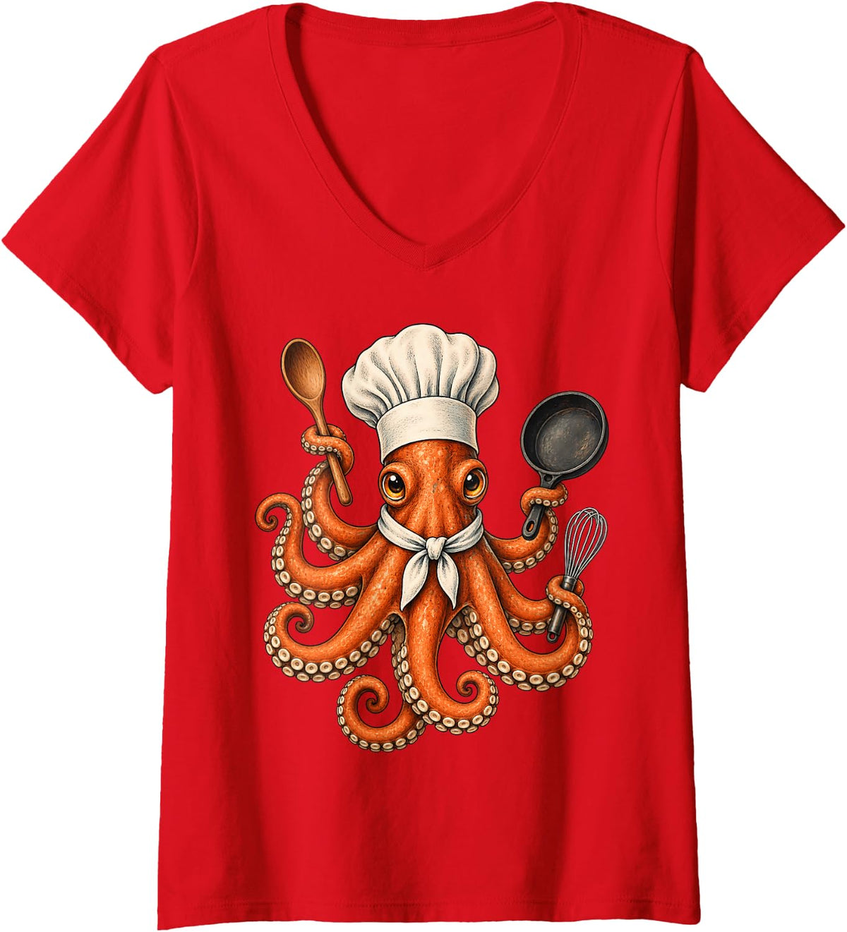 Women's Chef Octopus Cooking Kitchen Culinary Seafood Cook V-Neck T-Shirt - Red