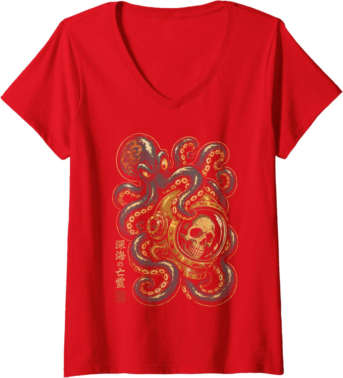 Women's Octopus Skulls Astronaut Deep Sea Space Kraken Halloween V-Neck T-Shirt - Red