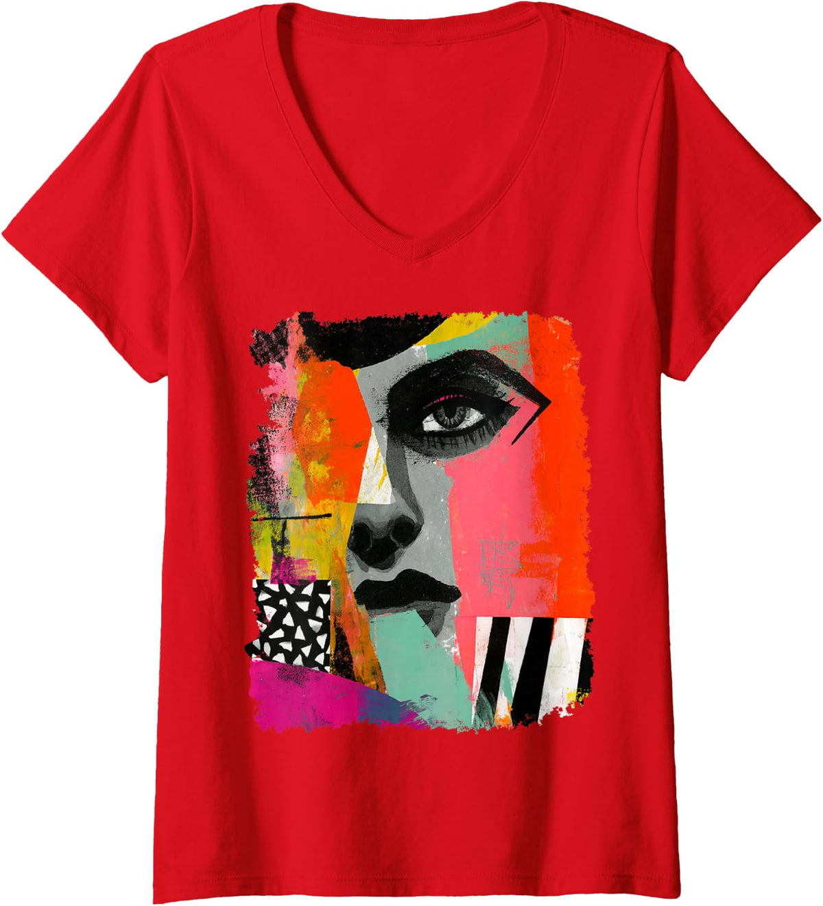 Women's Abstract Art Style V-Neck T-Shirt - Red