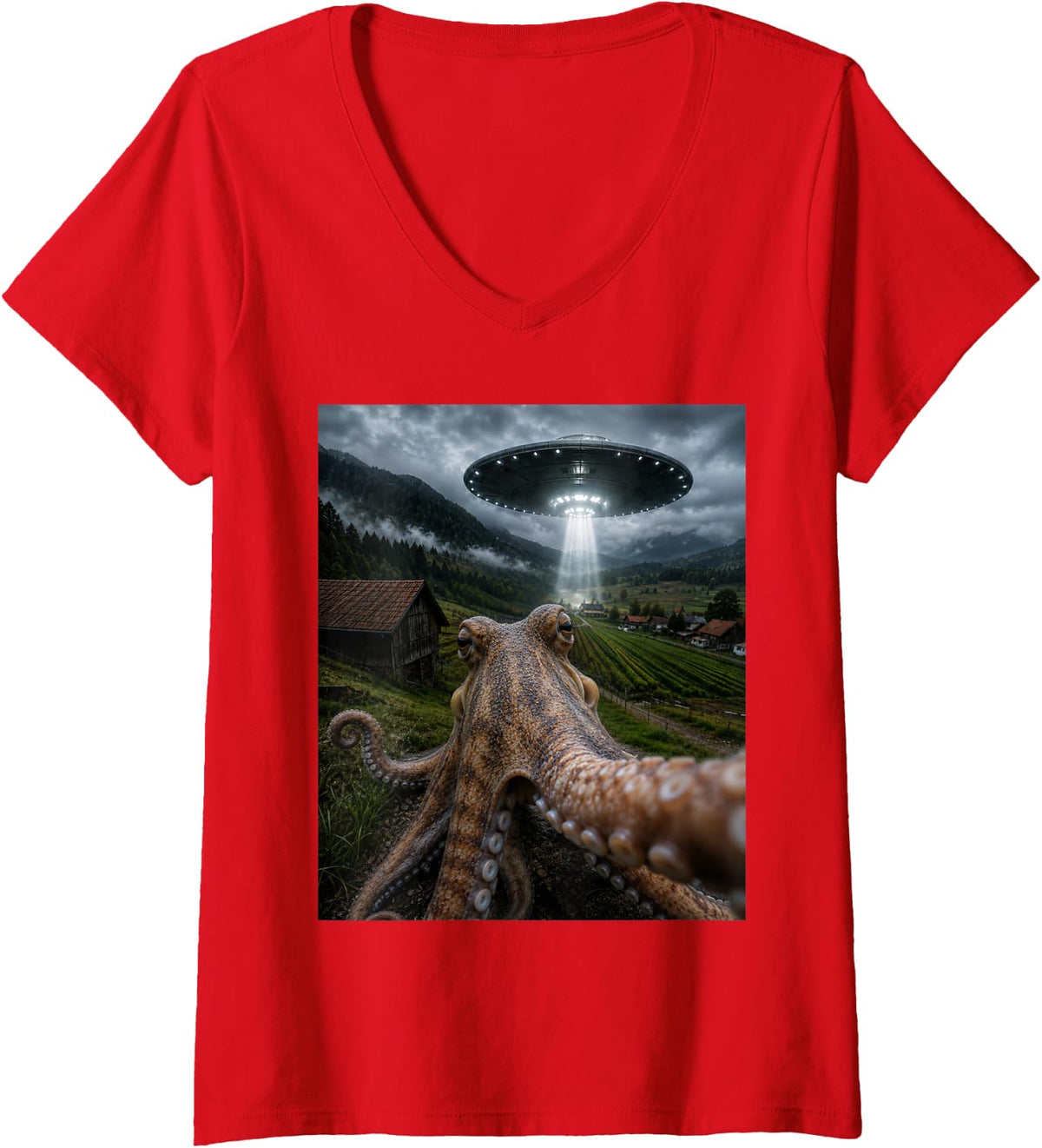 Women's Octopus Selfie with Alien UFO Funny Meme V-Neck T-Shirt - Red