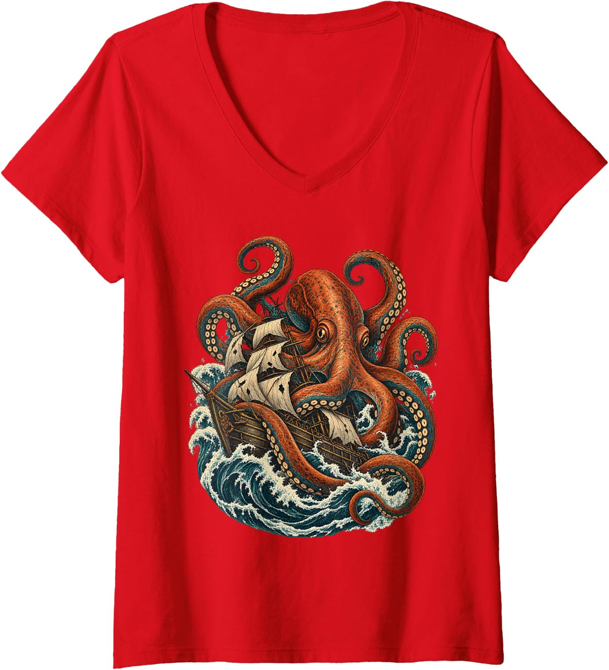 Women's Pirate Ship Kraken Octopus Sea Monster Ocean Art V-Neck T-Shirt - Red