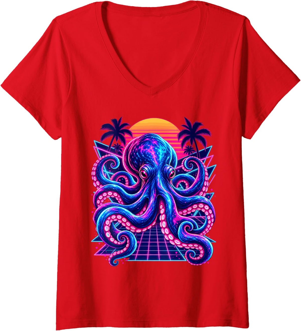 Women's Retrowave Synthwave Octopus Vaporwave Ocean Animal V-Neck T-Shirt - Red