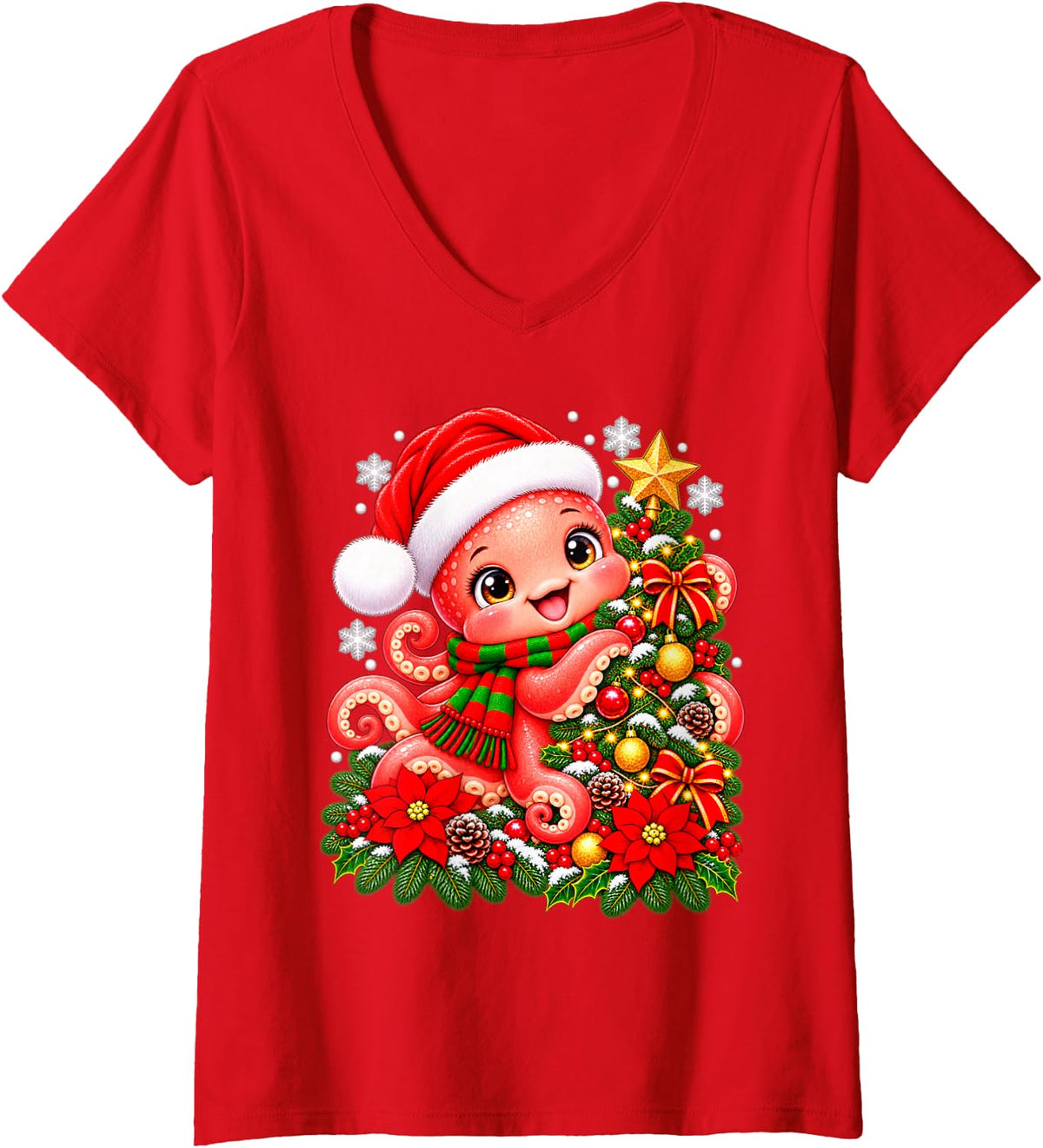 Women's Christmas Tree Octopus Santa Hat Men Women Kids V-Neck T-Shirt - Red