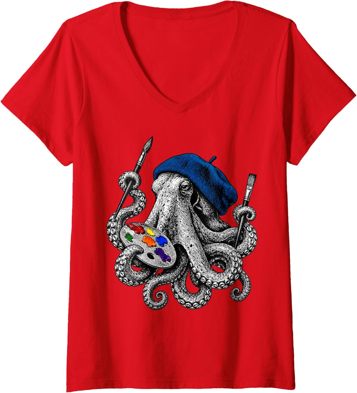 Women's Artist Octopus Painter Beret Palette Brush Art V-Neck T-Shirt - Red