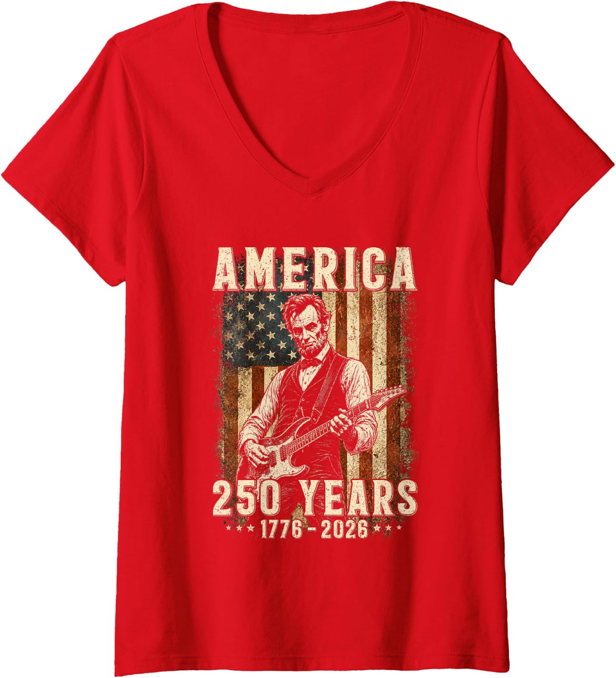 Women's Vintage Abraham Lincoln Abe Lincoln Playing Guitar 250 Years V-Neck T-Shirt - Red