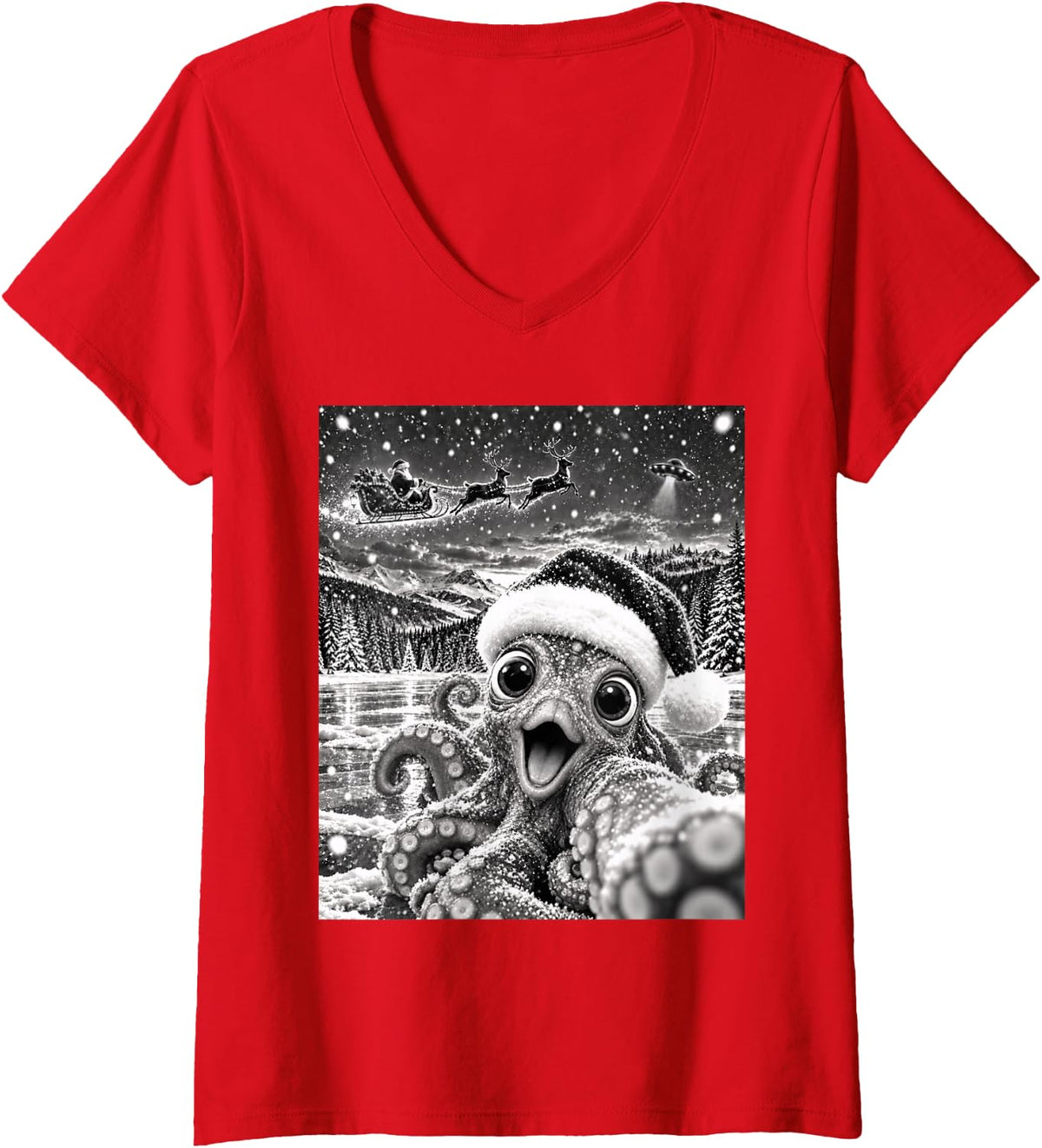 Women's Octopus Selfie with Santa Funny Christmas Men Women Kids V-Neck T-Shirt - Red