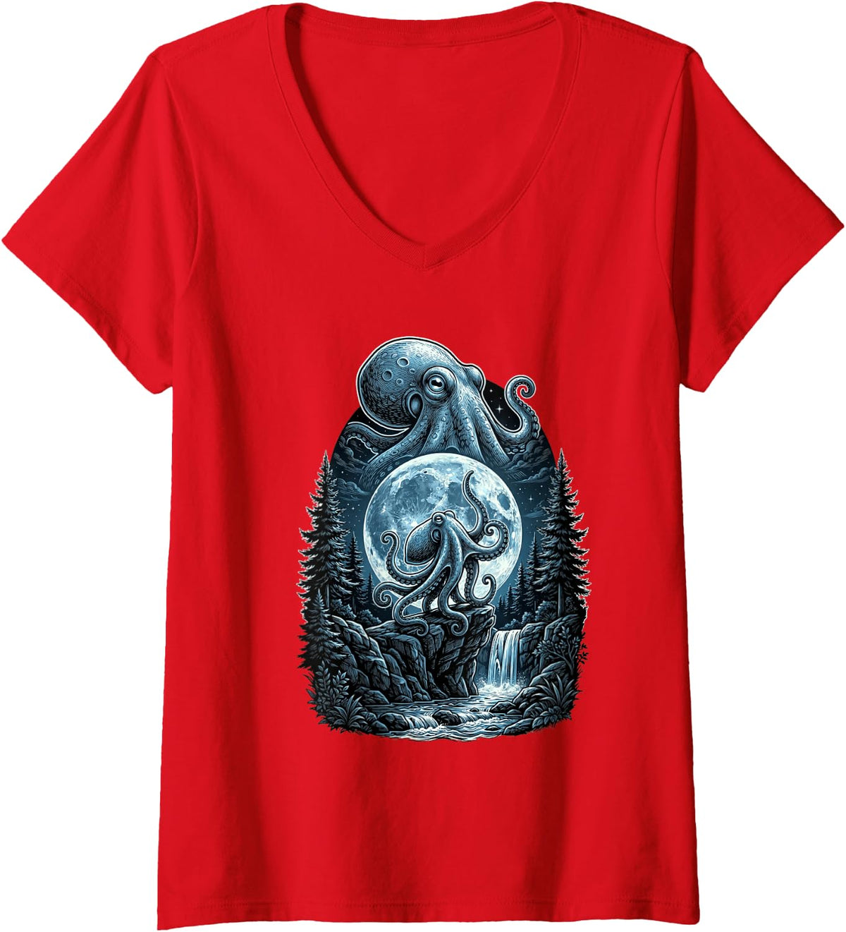 Women's Kraken Octopus Howling to The Moon Funny Meme Lover Men V-Neck T-Shirt - Red